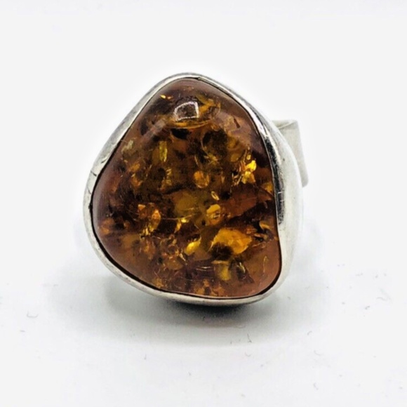 LARGE 925 STERLING Silver & BALTIC AMBER RING SIZE 9.5 Ladies Jewelry - Picture 2 of 16